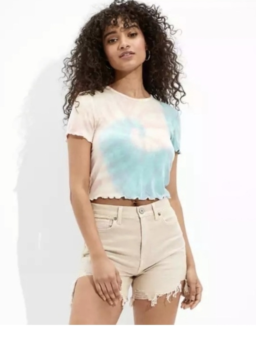 American Eagle Outfitters Light Beige, High-Rise Distressed Denim Shorts